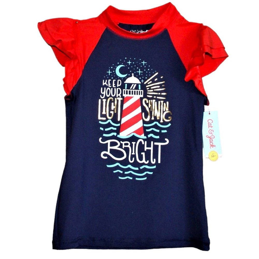 M 7/8 Girl's Swim Top Swimsuit Red White & Blue